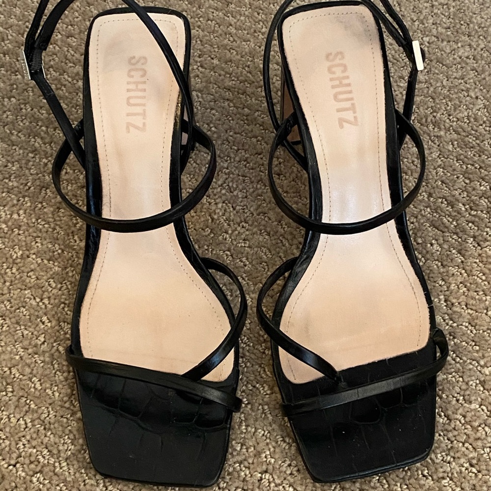 Schutz black strapping heeled sandals